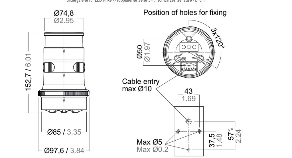 AS34 LED 3-F/Anker weiß12/24V Maße