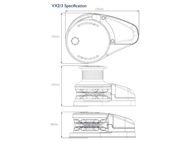 Lewmar Ankerwinde VX3 GD 1500W Kettennuss/Verholspill 8mm 12V Maße