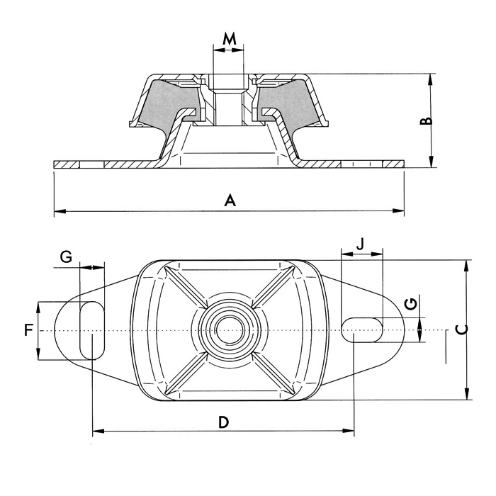 Allpa / Metalastik Elastische Motorlager Small max. 45 kg pro Lager M12 Maße